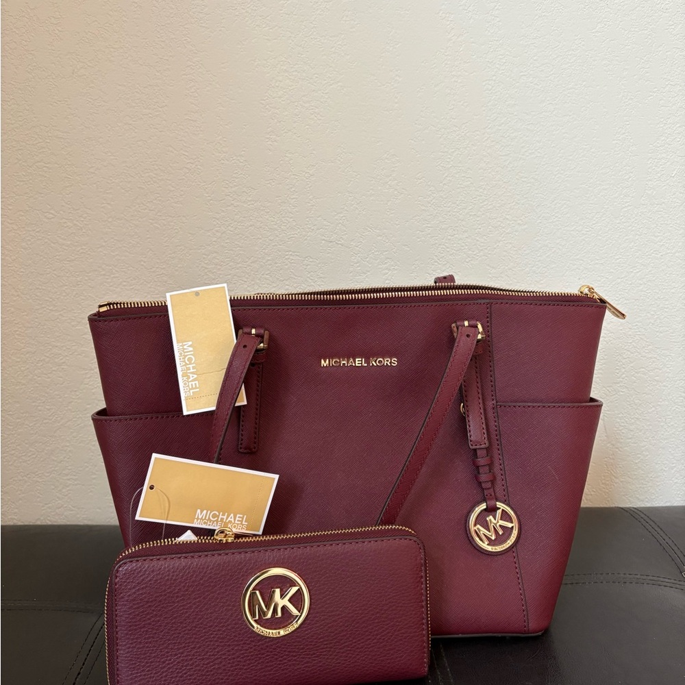 Michael Kors Burgundy Tote and Wallet Set